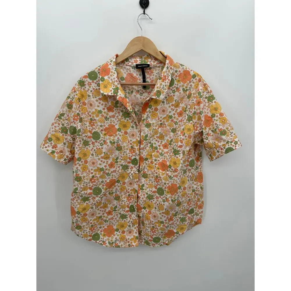 Cozy Earth Womens Orange Floral Sutton Short Sleeve Pajama Top‎ Size M Retro